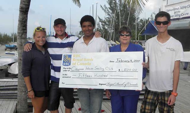 CISC recieves a check from Sandra Coe of RBC Royal Bank. From Lef  to Right, Katrina Davis CISC Coach, Mike Weber CISC Director of Sailing, Athlete Alex Walton, Sandra Coe RBC and Athlete Chris Delaney. © Byte Class http://bytechamps.org/